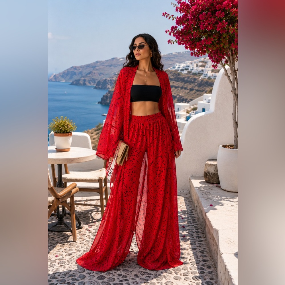 OFUURE Red/orange Sheer Wide-Leg Pants & Matching Kimono Set
